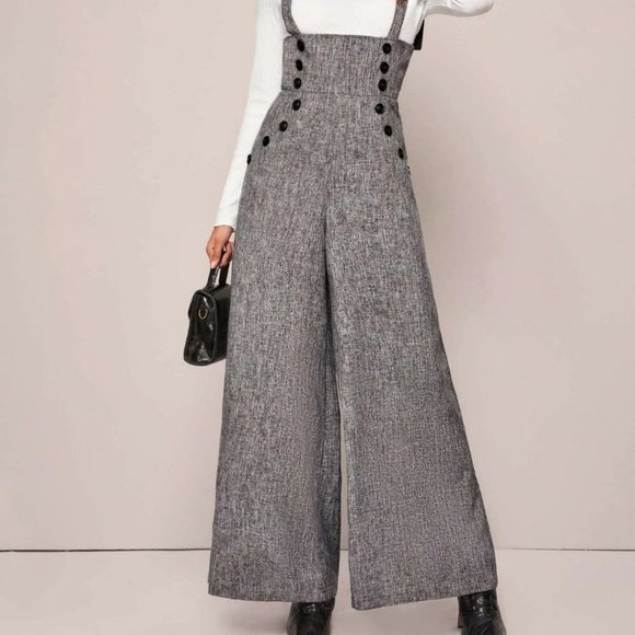 GRAY LINEN LOOK POCKETED SUSPENDER JUMPSUIT CHIC CLASSY FALL WINTER - Picture 3 of 5